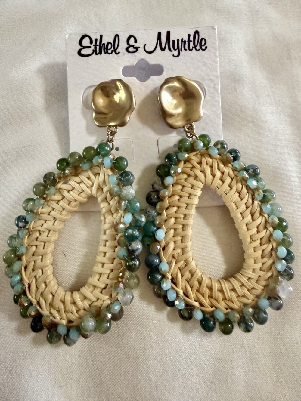Ethel & Myrtle Raffia Teardrop Statement Earrings Cream Gold Blue Bead Boho New